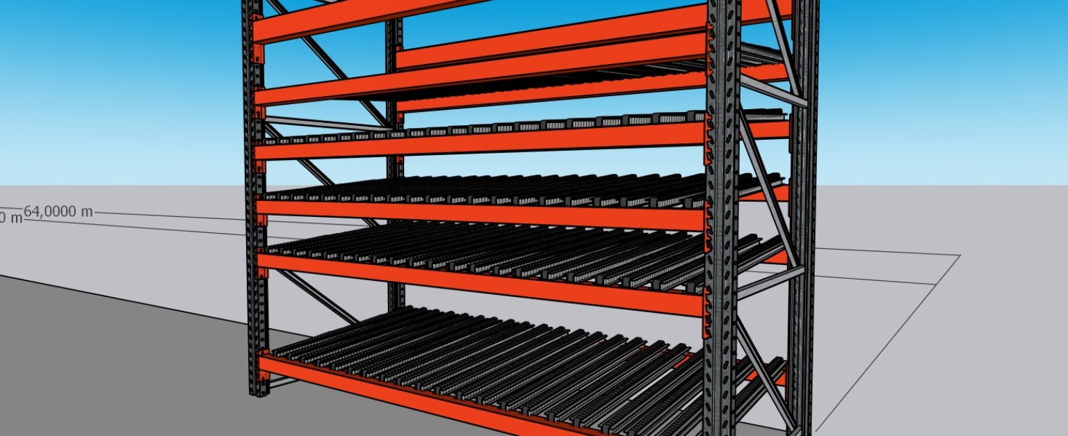 Modelo 3D de rack metálico com níveis de roletes